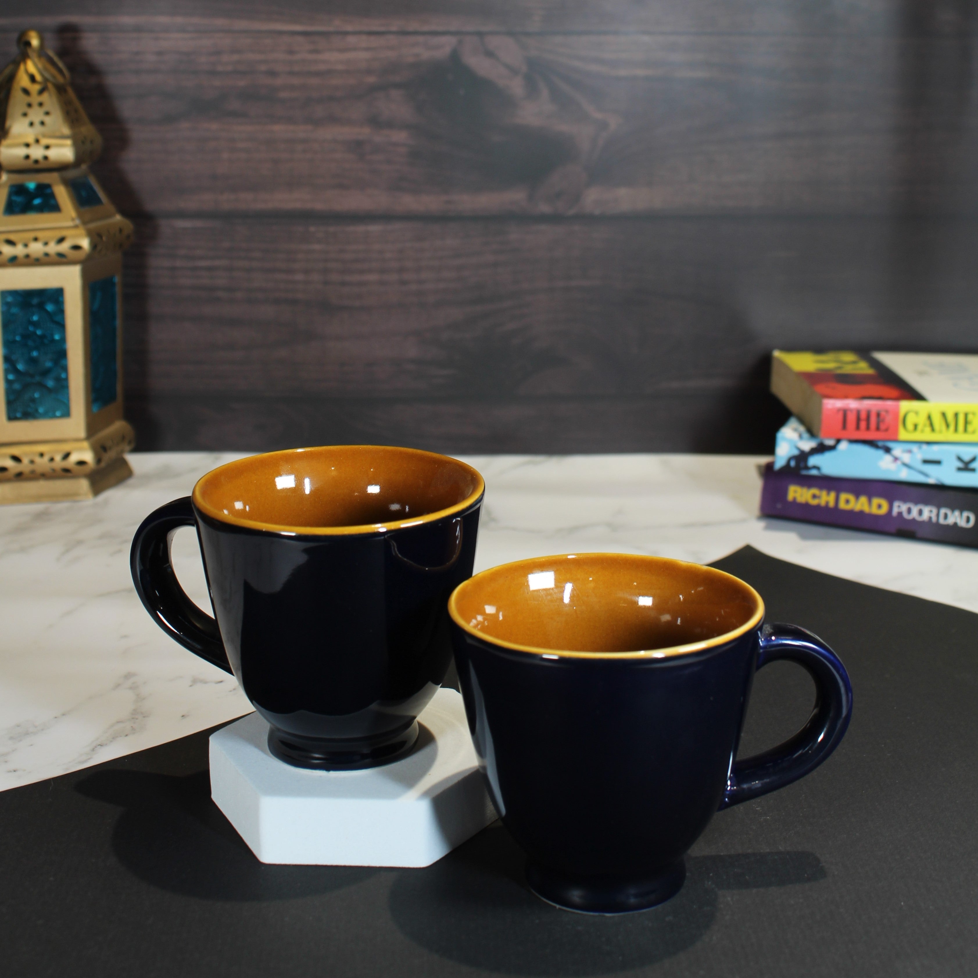 Porcelain Cups Set with Navy Blue Paint Stroke buying - Set of 2 or 4 Mugs